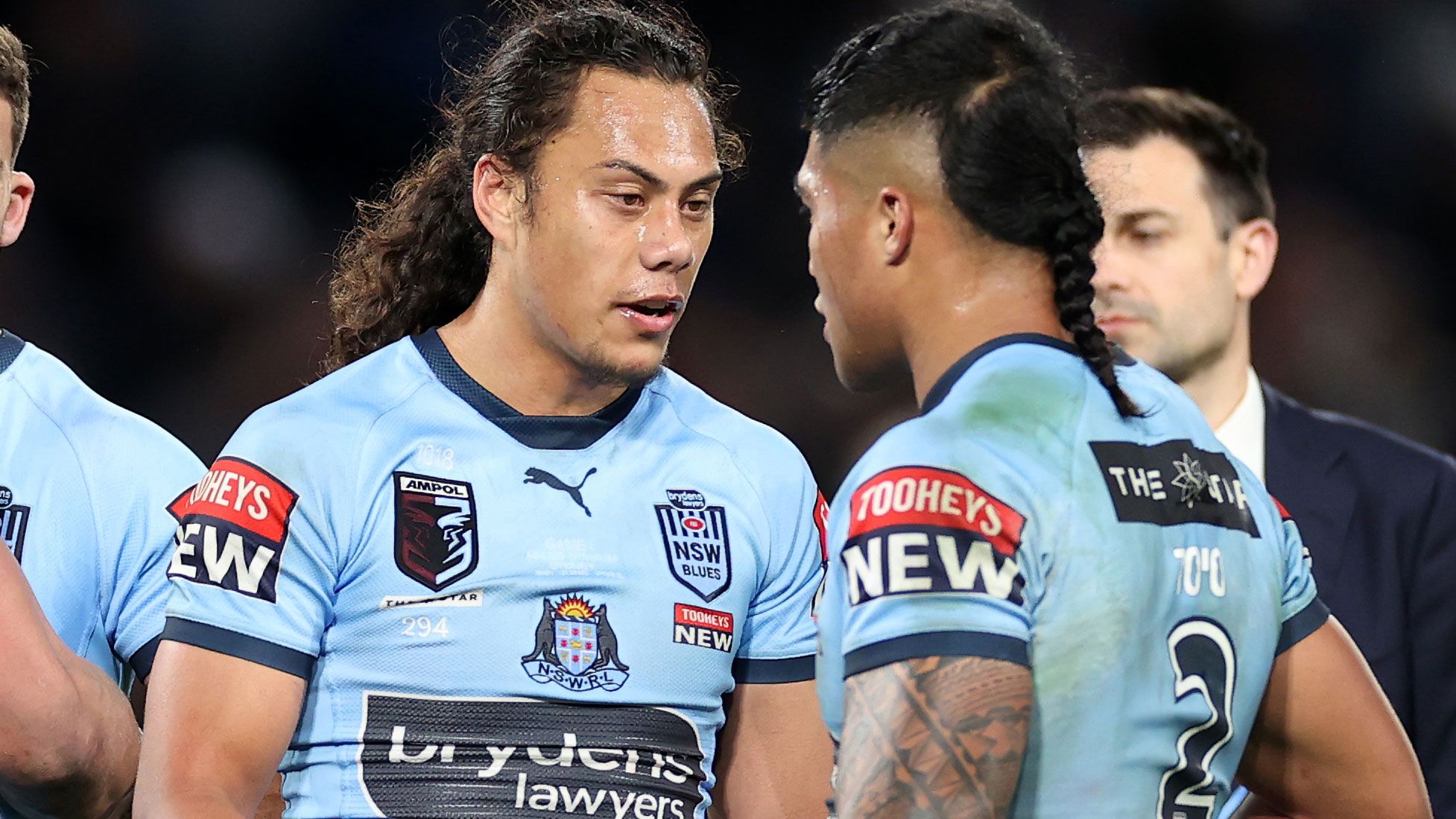 Jarome Luai and Brian To&#x27;o commiserate after the Blues&#x27; game one loss to the Maroons.