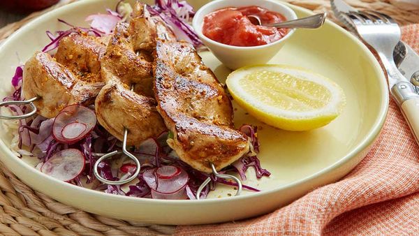 Barbecue chicken skewers with spicy plum sauce by Fiona Louise for Montague Plums