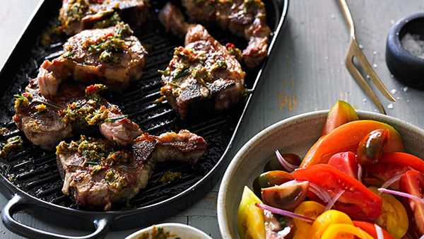 Chargrilled lamb loin chops with pounded anchovy and rosemary dressing