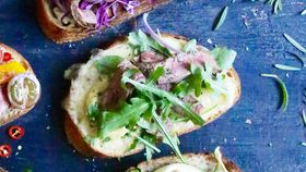 Open steak sandwich with Dijon, cheddar, rocket and rosemary