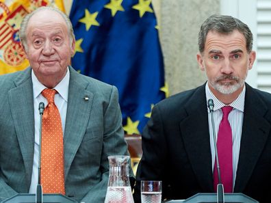 King Juan Carlos (left) and King Felipe VI of Spain (right) attend a meeting with COTEC Foundation at the Royal Palace on May 14, 2019 in Madrid, Spain.