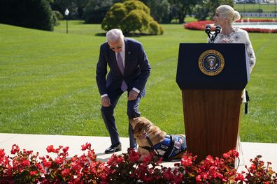 President Joe Biden with actress Selma Blair and Blair's service dog Scout