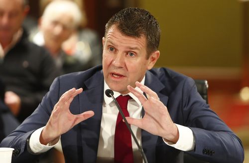 Former NSW Premier Mike Baird gives evidence at an upper house committee inquiry into museums and galleries today. Picture: AAP