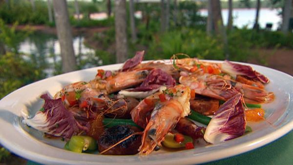 Bbq prawns and chorizo salad
