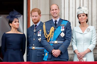 LONDON, UNITED KINGDOM - JULY 10: (EMBARGOED FOR PUBLICATION IN UK NEWSPAPERS UNTIL 24 HOURS AFTER CREATE DATE AND TIME) Meghan, Duchess of Sussex, Prince Harry, Duke of Sussex, Prince William, Duke of Cambridge and Catherine, Duchess of Cambridge watch a flypast to mark the centenary of the Royal Air Force from the balcony of Buckingham Palace on July 10, 2018 in London, England. The 100th birthday of the RAF, which was founded on on 1 April 1918, was marked with a centenary parade with the pre