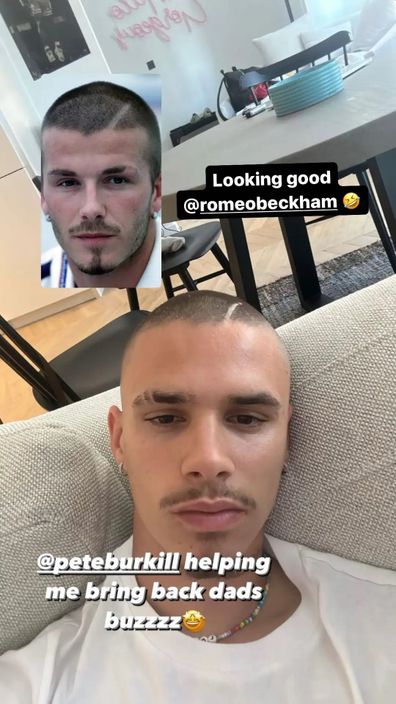 David Beckham teasing his son Romeo for copying his hairstyle. 
