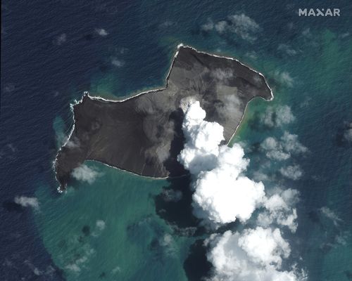 This satellite image provided by Maxar Technologies shows an overview of Hunga Tonga Hunga Haapai volcano in Tonga on Jan. 6, 2022, before a huge undersea volcanic eruption. (Satellite image ©2022 Maxar Technologies via AP)