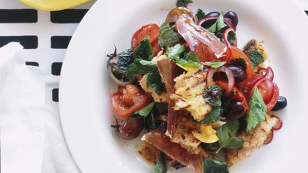 Tomato, jamón and soused Spanish onion salad with saffron vinaigrette