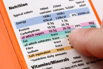 Reading a nutrition label on food packaging