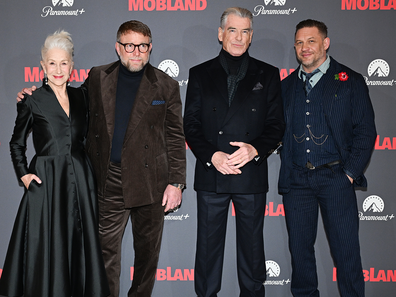 Dame Helen Mirren, Guy Ritchie, Pierce Brosnan and Tom Hardy at the Global Premiere of MobLand at Odeon Luxe Leicester Square on March 27, 2025 in London, England.