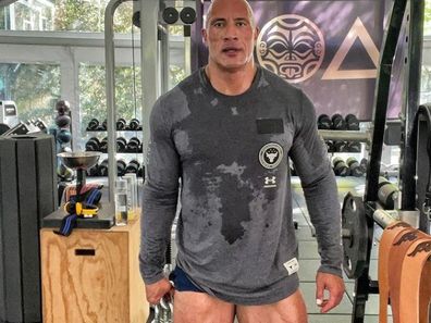 Dwayne Johnson in his barely-there shorts during a workout.