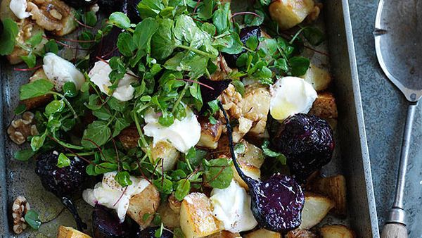 Roast potato, baby beetroot and walnut salad
