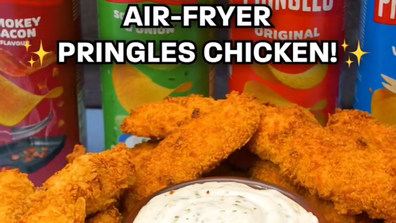 TikToker uses pringles to substitute bread crumbs in viral fried chicken recipe.