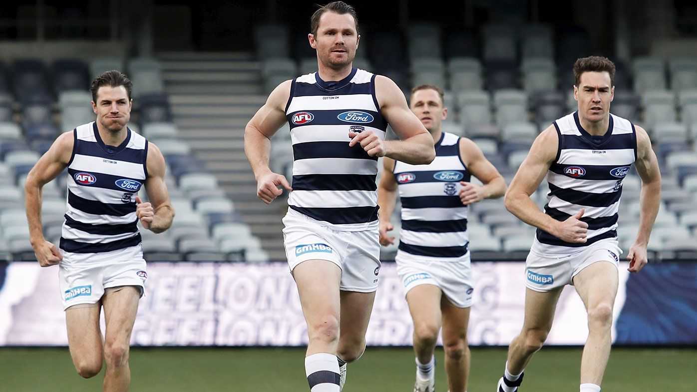 Patrick Dangerfield of the Cats warms up during the 2021 AFL Round 22 match between the Geelong Cats and the St Kilda Saints at GMHBA Stadium on August 14, 2021 in Geelong, Australia. (Photo by Dylan Burns/AFL Photos via Getty Images)