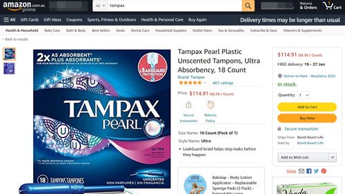 Merchants on  selling boxes of tampons for triple figures