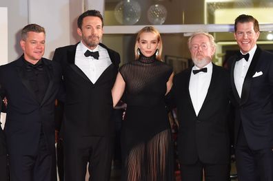 Nicole Holofcener, Matt Damon, Ben Affleck, Jodie Comer, Sir Ridley Scott and Kevin J. Walsh appear on the red carpet "The Last Duel" during the 78th Venice International Film Festival on September 10, 2021 in Venice, Italy. 