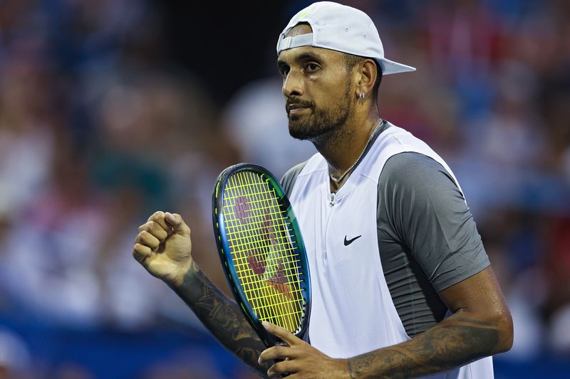Nick Kyrgios of Australia celebrates a point against Mikael Ymer of Sweden in the Men&#x27;s Semifinal during Day 8 of the Citi Open at Rock Creek Tennis Center on August 6, 2022 in Washington, DC. (Photo by Patrick Smith/Getty Images)