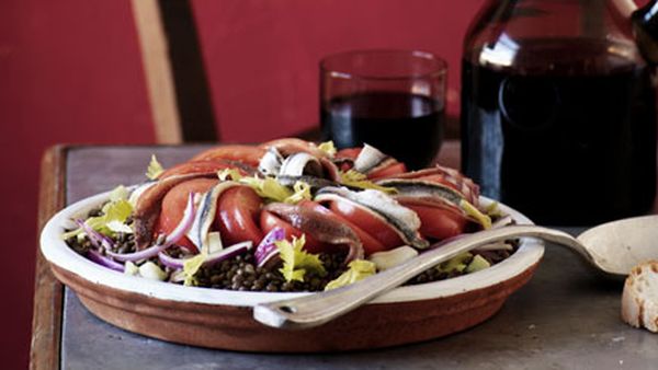 Anchovy, lentil, tomato and onion salad