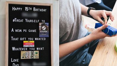 Left - image of a Kmart DIY Letterboard holding giftcards, one  from Smokemart. Right - a teenage boy opening presents