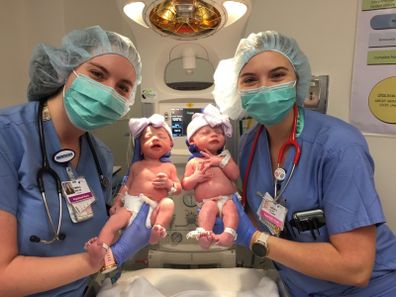 Nurses Emma and Julia, who by coincidence shared the same names as the newborn twins. Credit: Rose Medical Center.