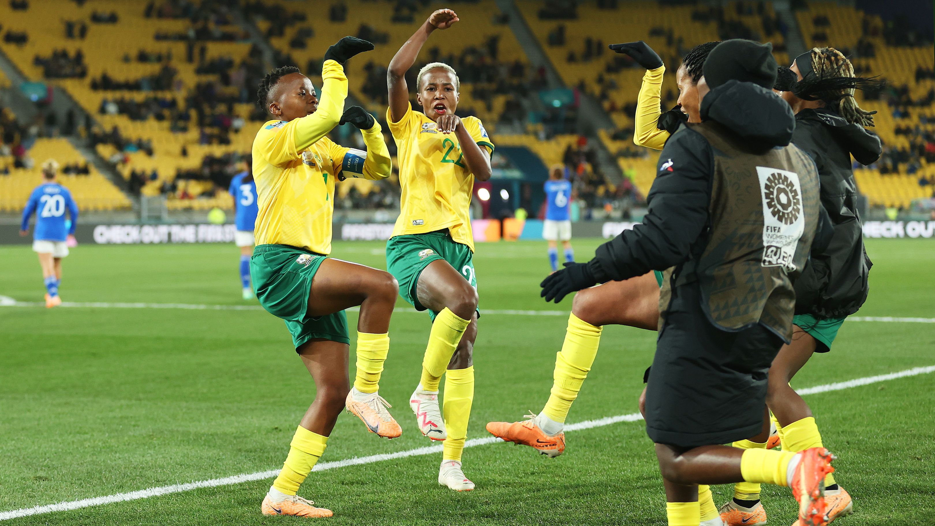 WELLINGTON, NEW ZEALAND - AUGUST 02: Thembi Kgatlana of South Africa celebrates with teammates after scoring her team&#x27;s third goal during the FIFA Women&#x27;s World Cup Australia &amp; New Zealand 2023 Group G match between South Africa and Italy at Wellington Regional Stadium on August 02, 2023 in Wellington, New Zealand. (Photo by Lars Baron/Getty Images)