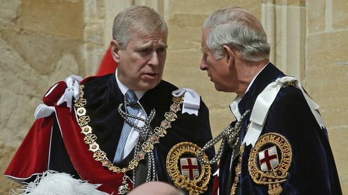  Prince Andrew, Duke of York and Prince Charles, Prince of Wales attend the Order of the Garter Service at St George's Chapel in Windsor Castle on June 15, 2015 in Windsor, England. The Order of the Garter is the most senior and the oldest British Order of Chivalry and was founded by Edward III in 1348.  