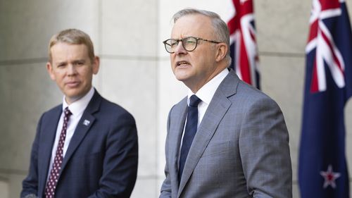 Prime Minister of New Zealand Chris Hipkins and Prime Minister Anthony Albanese during a joint press conference at Parliament House in Canberra on Tuesday 7 February 2023. fedpol Photo: Alex Ellinghausen