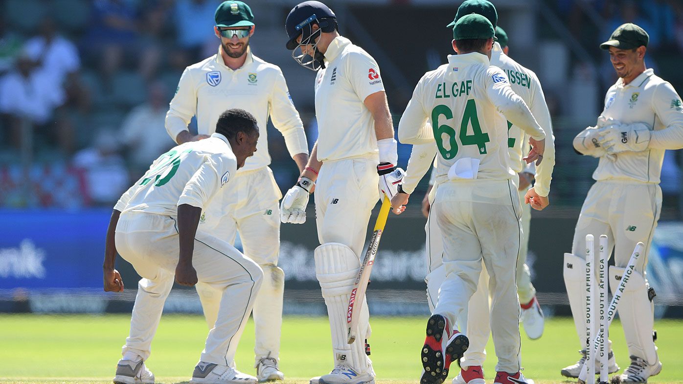South Africa bowler Kagiso Rabada celebrates after bowling England batsman Joe Root during Day One of the Third Test between England and South Africa