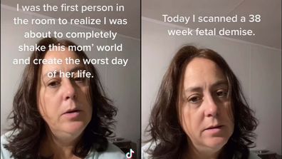 TikTok user Alicia Gatz facing the camera while the captions above her head recount her story