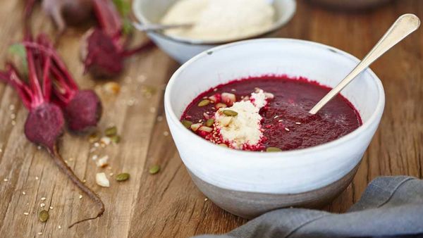 Roasted beetroot soup with soured macadamia cream