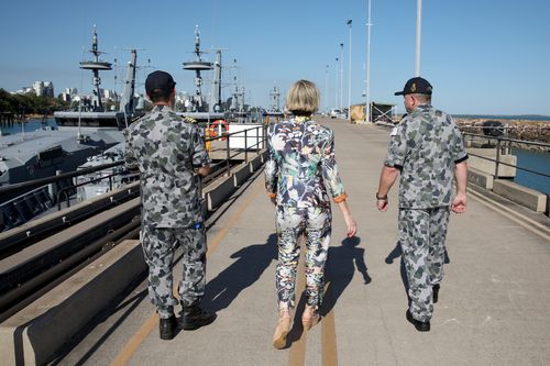 She is shown around shown around HMAS Coonawarra station. Picture: AAP