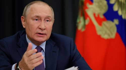 Russian President Vladimir Putin gestures as he attends a meeting on agricultural issues via videoconference in the Bocharov Ruchei residence in the Black Sea resort of Sochi, Russia, Tuesday, Sept. 27, 2022. (Gavriil Grigorov, Sputnik, Kremlin Pool Photo via AP)