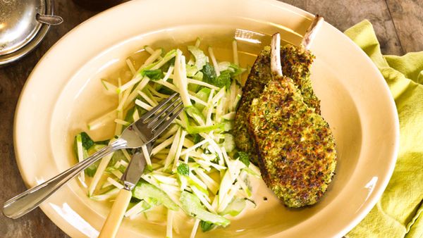 Fennel crusted pork cutlet with a crunchy apple and celery salad