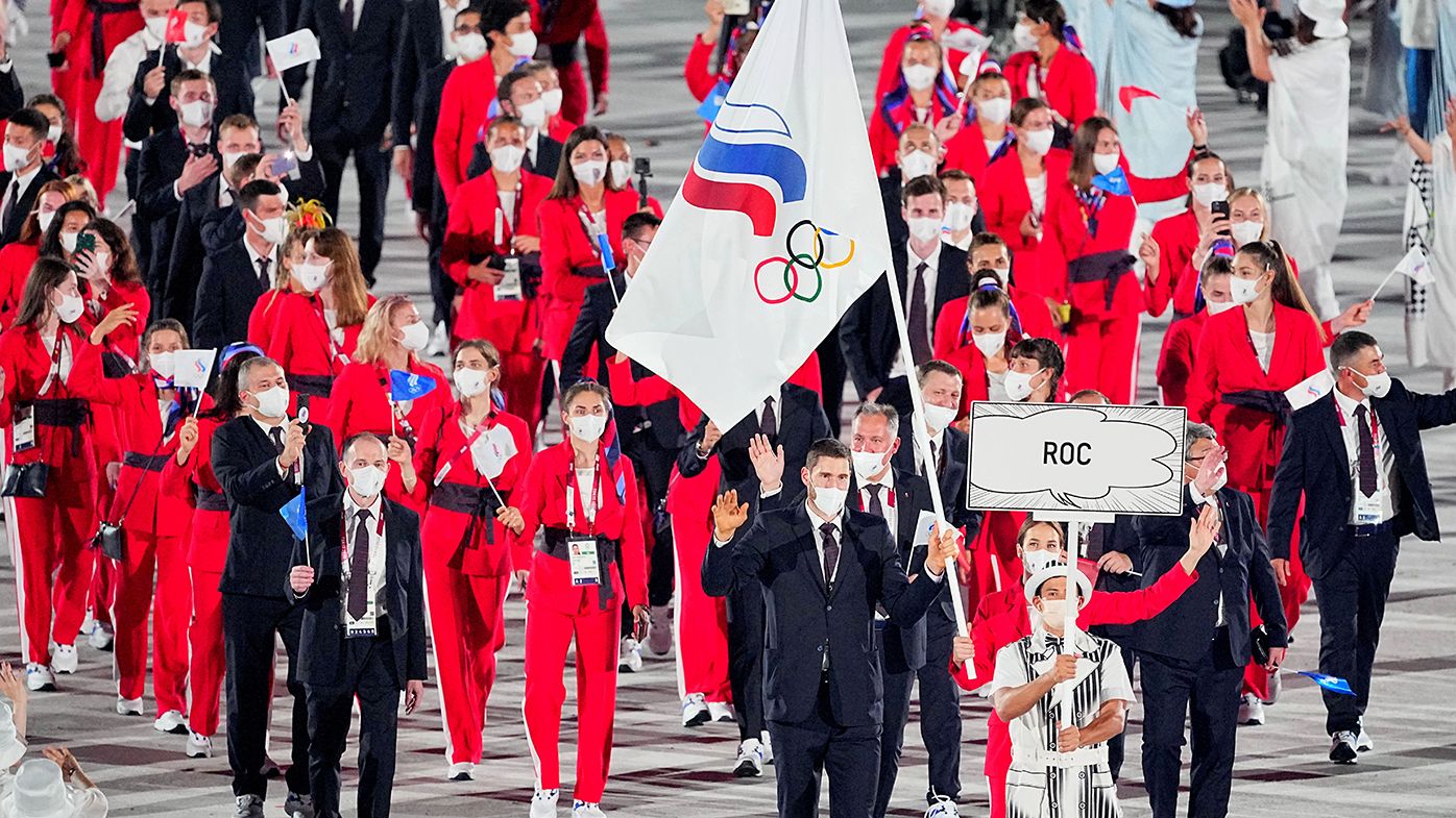 The Russian Olympic Committee (ROC) team enters the stadium at the Tokyo Olympics opening ceremony.