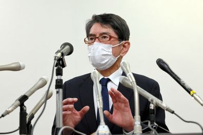 FUKUOKA, JAPAN - FEBRUARY 28: Makoto Yamada, president of the Daimaru Besso inn, speaks at a news conference on February 28, 2023 in Fukuoka, Japan. The inn only changed the hot water in its large bath two days a year, even though a prefectural ordinance requires it to do so at least once a week. The inn also regularly failed to put chlorine in the hot water and maintain the required concentration of the chemical in the bath.   The prefectural health center has scrutinized the large bath's hygie