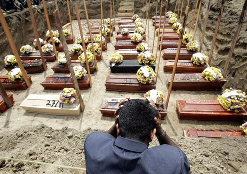 An Indonesian man looks over the mass grave site for unidentified victims of a Mandala Airlines flight A330 crash on September 2005 in Medan, Indonesia. Thirty-four of the nearly 150 people who were killed in the crash were buried in a mass grave near a cemetery used to bury victims of previous air crashes in the region.