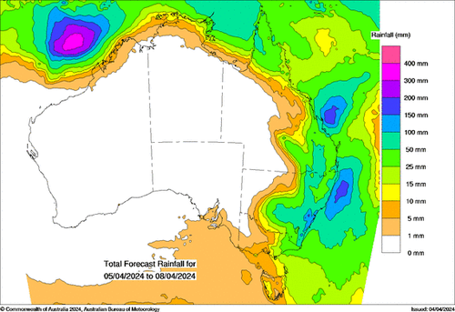 Rain weather totals forecasted by the BoM for April 5, 2024 to April 8, 2024