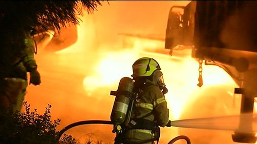 The truck caught ablaze on a Melbourne freeway. (9NEWS)