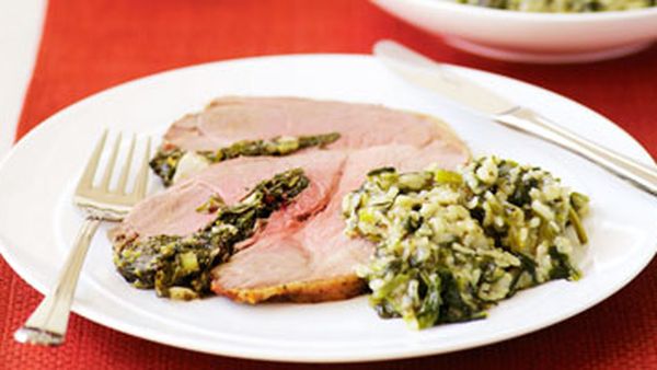 Stuffed lamb with spinach rice