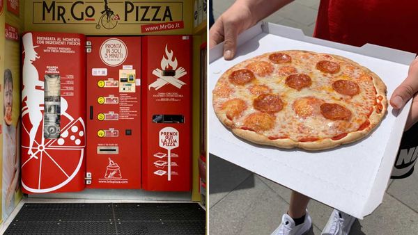 A man shows a pizza purchased from the &quot;Mr. Go&quot; vending machine. In Italy&#x27;s capital Rome, &quot;Mr. Go&quot; pizza vending machine is dividing opinion on the Italian fast food classic.