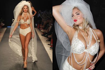 Here comes the bride... all dressed in white (lingerie!)<br/>Although she might not be running down the aisle anytime soon, Kate doesn't mind strutting her stuff down the runway... <br/><br/><br/>Source: Getty