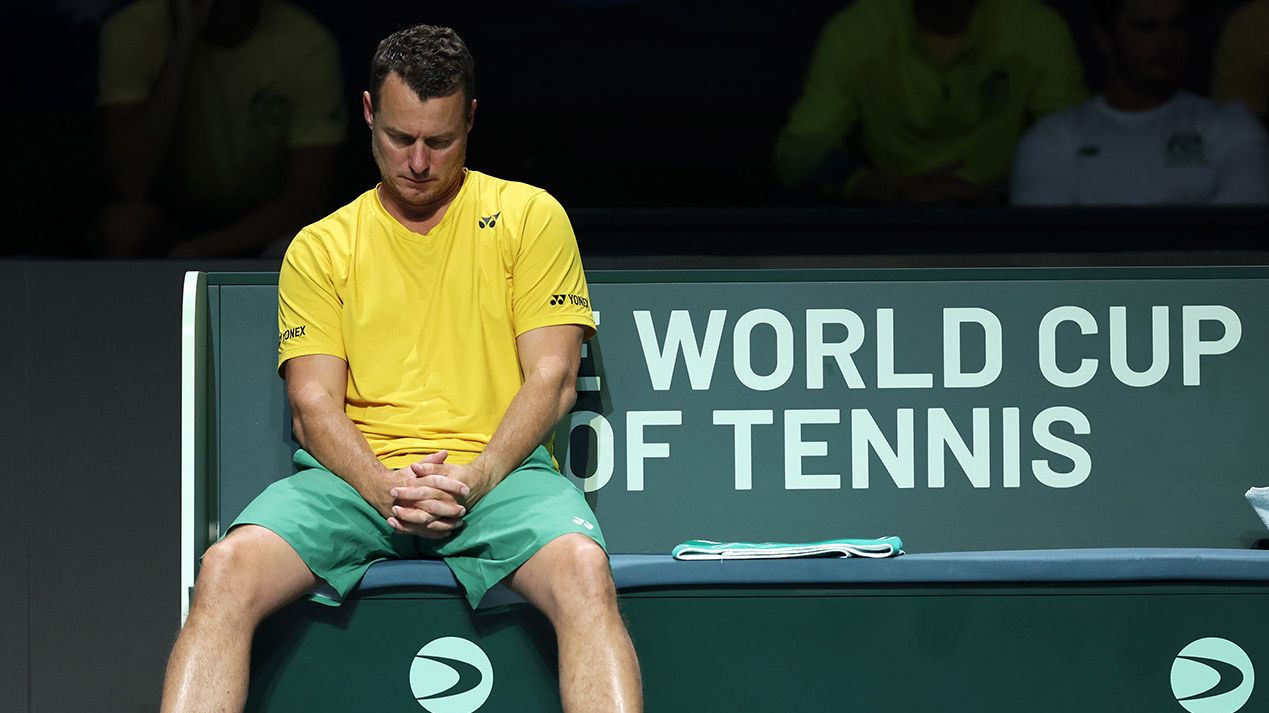 Lleyton Hewitt of Australia reacts during the Davis Cup Final match against Italy at Palacio de Deportes Jose Maria Martin Carpena on November 26, 2023 in Malaga, Spain. (Photo by Clive Brunskill/Getty Images for ITF)