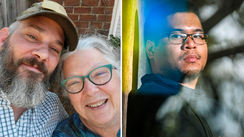 US military veteran Alexander Drueke of Tuscaloosa, Alabama pictured left, with his mother, Lois "Bunny" Drueke. On the right is US Marine veteran Andy Tai Huynh, who decided to fight with Ukraine in the war against Russia.