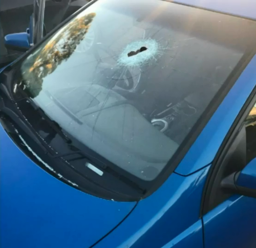 A driver was travelling at Londsale on the expressway when a rock struck his windscreen at 6.30am this morning. (9NEWS)