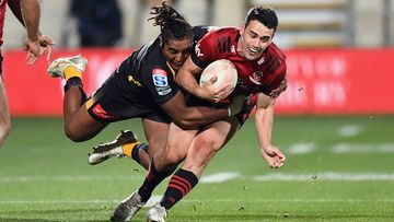 Will Jordan of the Crusaders is tackled by Feleti Kaitu&#x27;u of the Force during the round four Super Rugby Trans-Tasman match between the Crusaders and the Western Force at Orangetheory Stadium on June 04, 2021 in Christchurch, New Zealand. (Photo by Kai Schwoerer/Getty Images)