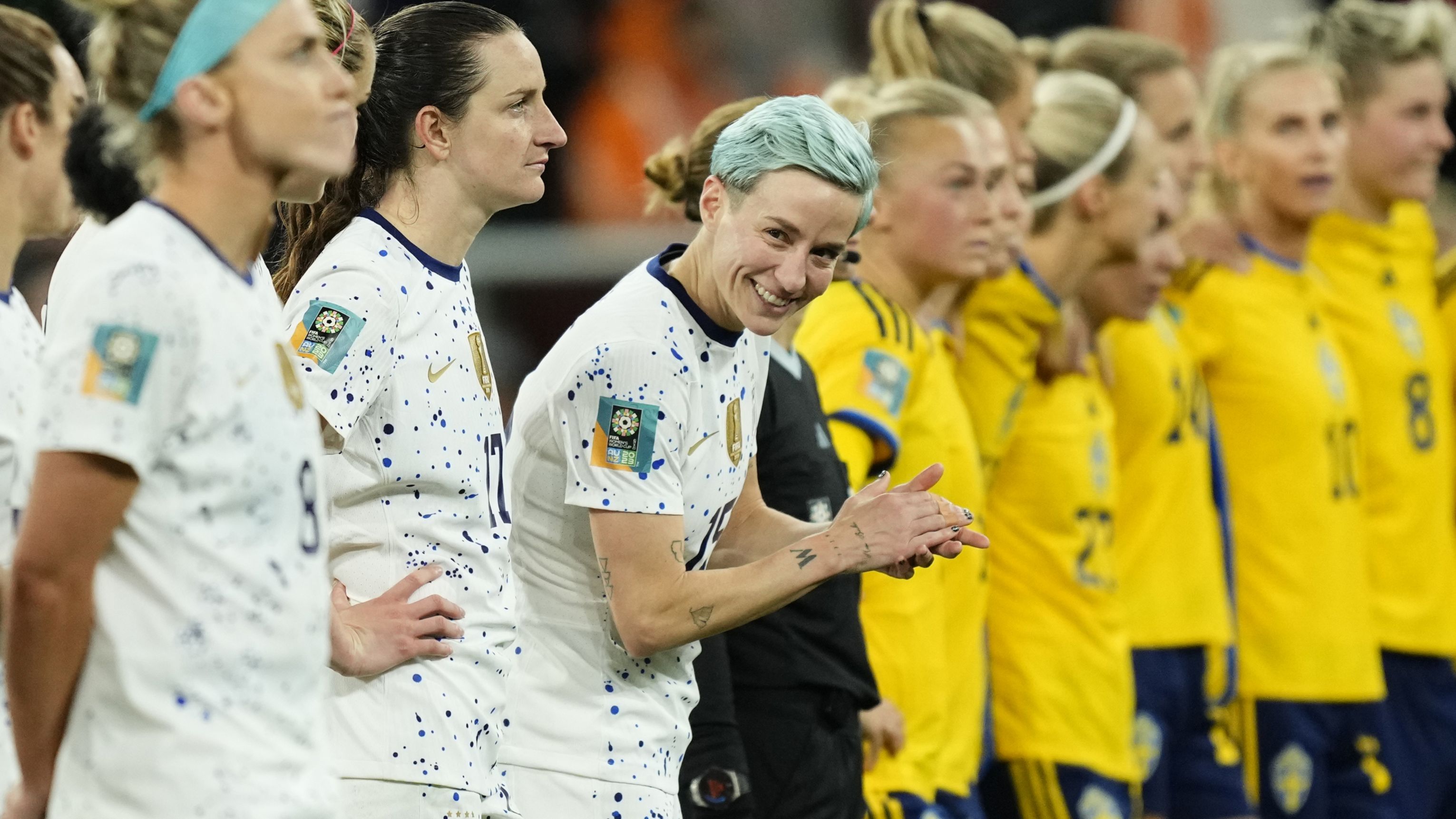 Megan Rapinoe of USA and OL Reign before the penalty shootout during the FIFA Women&#x27;s World Cup Australia &amp;amp; New Zealand 2023 Round of 16 match between Winner Group G and Runner Up Group E at Melbourne Rectangular Stadium on August 6, 2023 in Melbourne, Australia. (Photo by Jose Breton/Pics Action/NurPhoto via Getty Images)