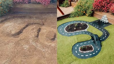 Left: a patch of dirt. Right: a DIY backyard racecourse