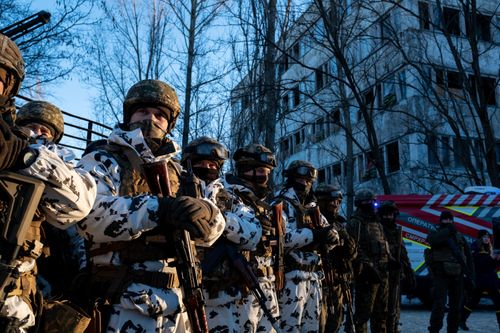 Ukrainian national guard in the abandoned town of Pripyat, in the Chernobyl Exclusion Zone, on February 4.