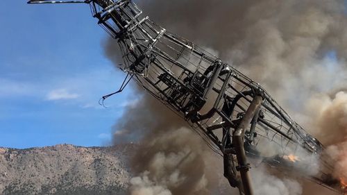 The model was left as a charred skeleton of itself after the fire was extinguished. Picture: ZACH REYNOLDS/ROYAL GORGE DINOSAUR EXPERIENCE.