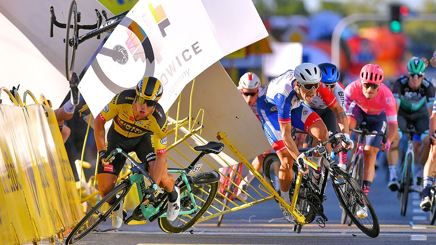 Dylan Groenewegen of The Netherlands and Team Jumbo - Visma / Fabio Jakobsen of The Netherlands and Team Deceuninck - Quick-Step / Marc Sarreau of France and Team Groupama - FDJ 